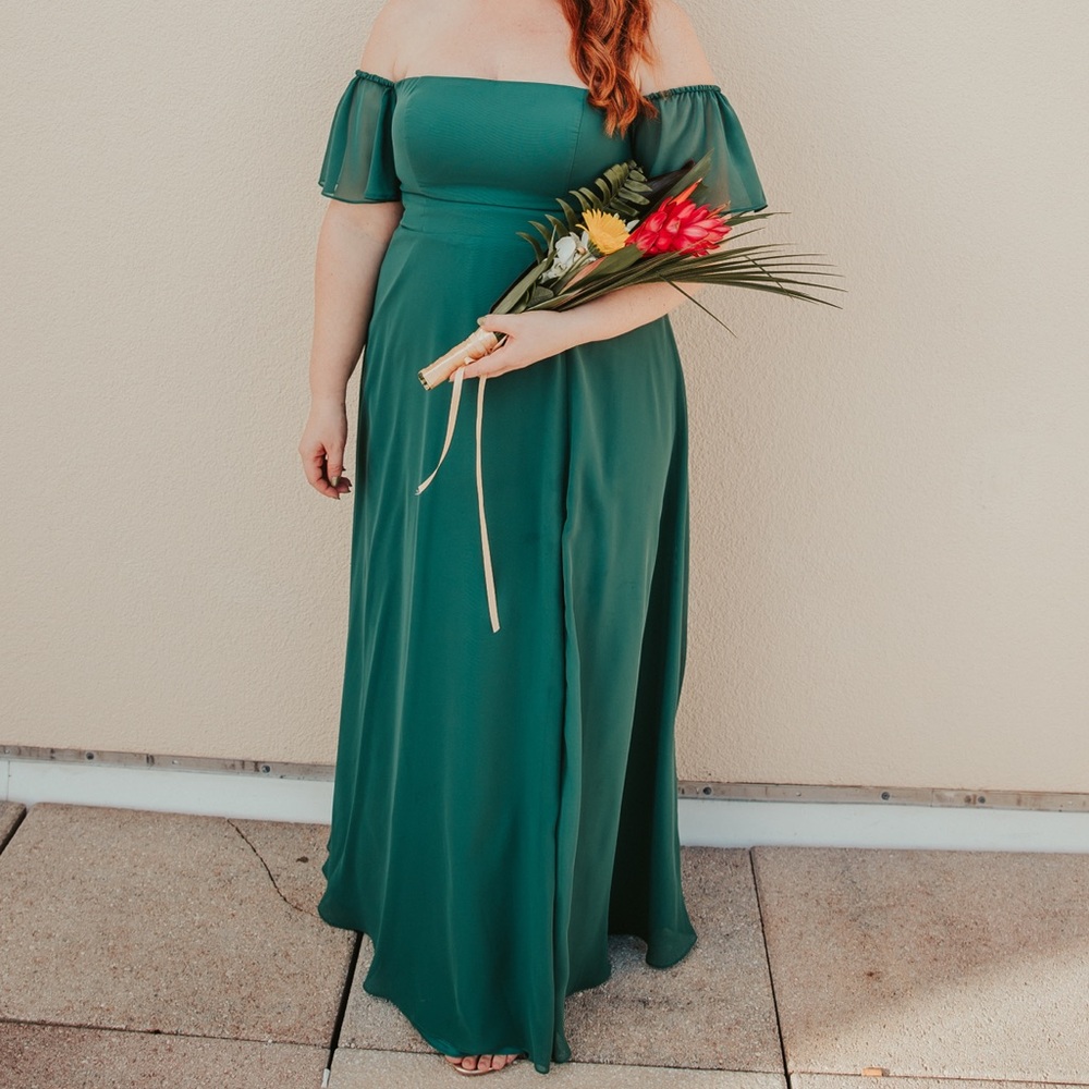 Azazie Off the Shoulder in Dark Green